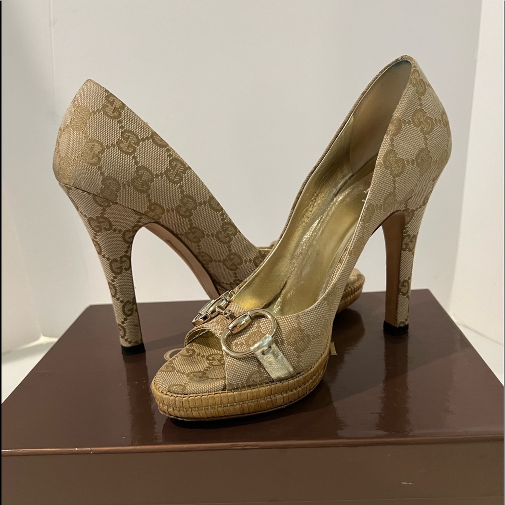 Beige Monogram Peep-Toe High Heels with Gold Buckle